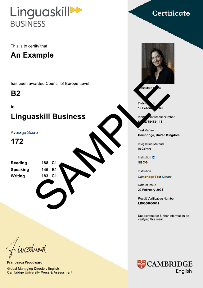 Linguaskill Business 인증서 샘플